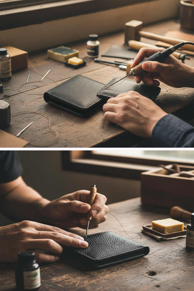 working on a leather wallet 