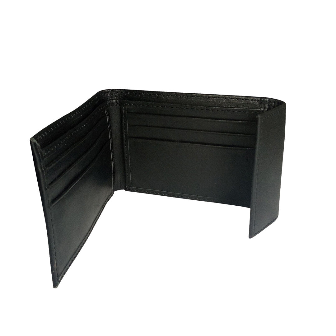 Inside view of genuine leather men’s wallet with multiple card slots and cash compartment