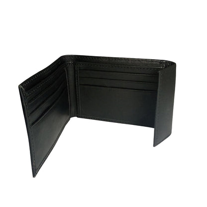 Inside view of genuine leather men’s wallet with multiple card slots and cash compartment