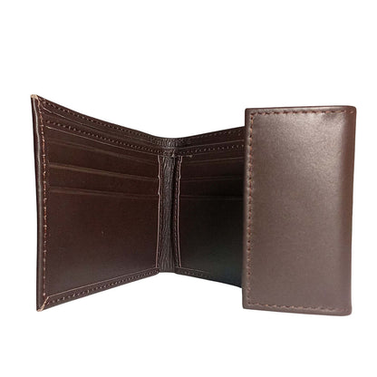 Inside view of genuine leather men’s wallet with multiple card slots and cash compartment